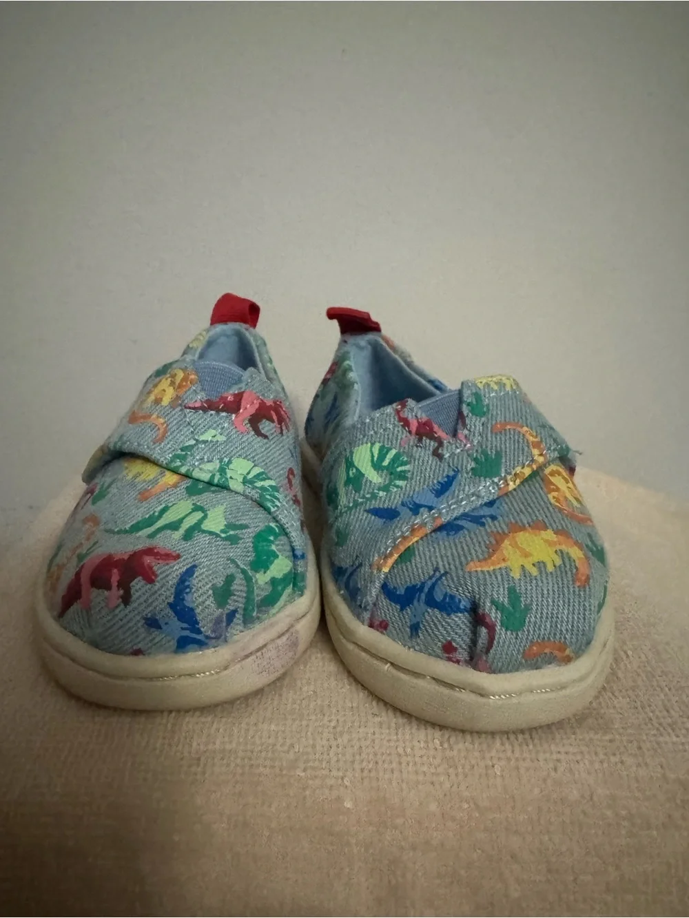 TOMS Kids Canvas Slip-Ons with Multicolor Dinosaur Print and Red Heel Tabs